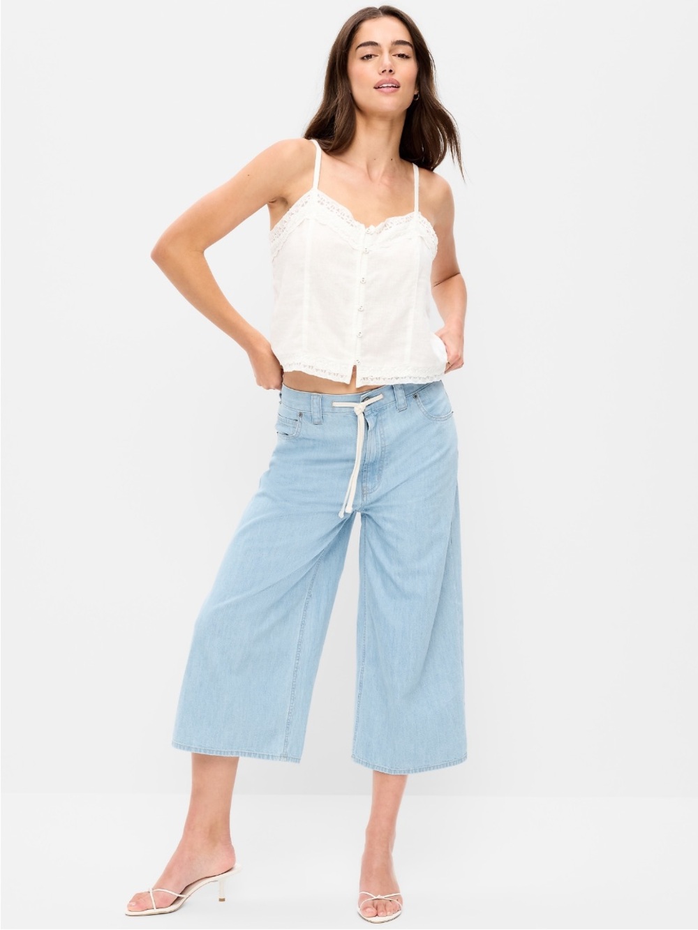 Mid rise baggy Drawstring wide leg culotte pants